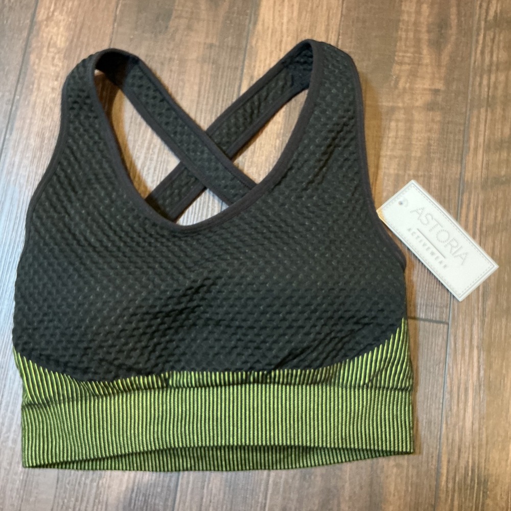 Astoria Activewear Sports Bra Black Lime Green Honeycomb Textured Cross Back S